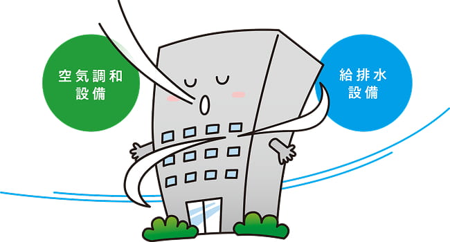 建物の空調設備と給排水設備を説明するイラスト